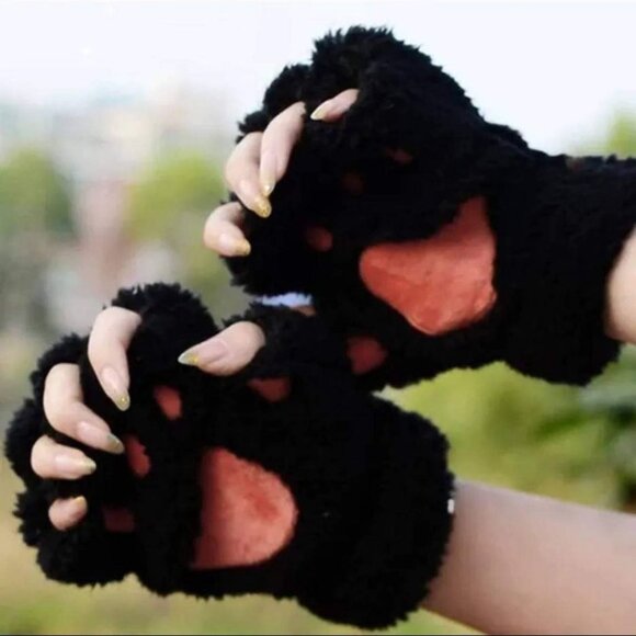 x2 Pairs Plush Paw Fingerless Gloves - Brand New - Picture 5 of 7